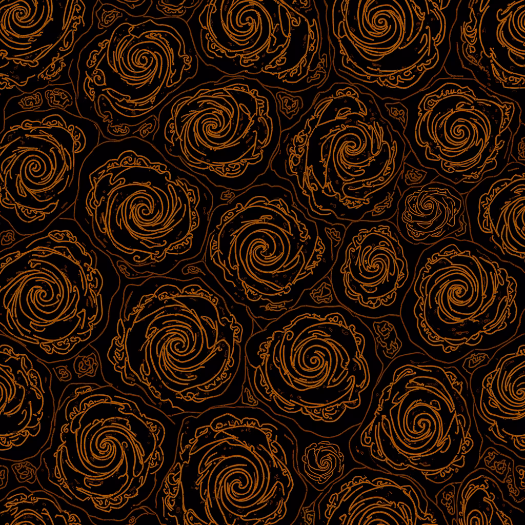 Golden spirals on a black background create a dynamic abstract pattern.
