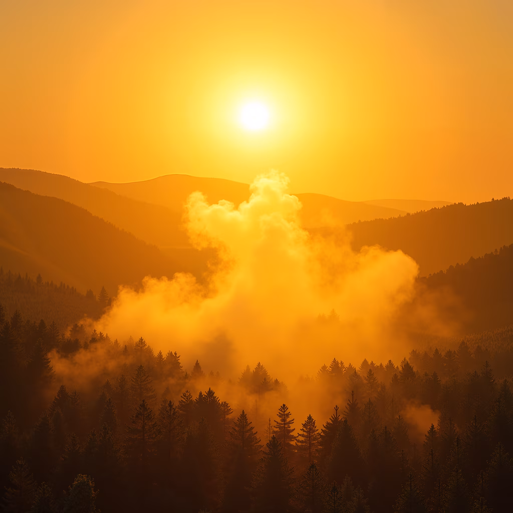 Golden sunset over misty forest, serene nature scene