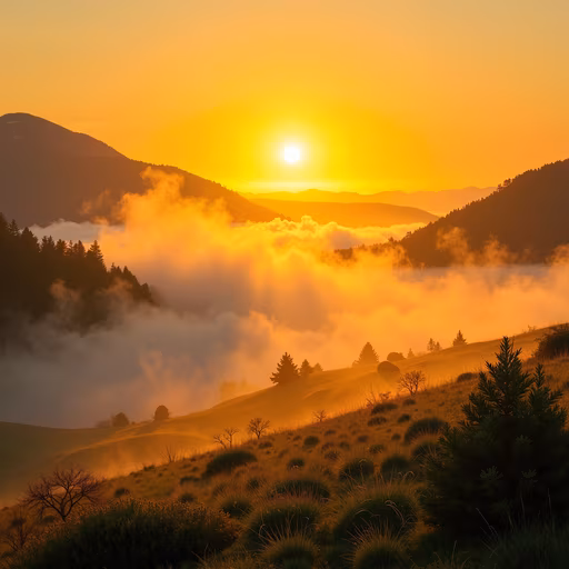 Golden Sunset Over Misty Hills