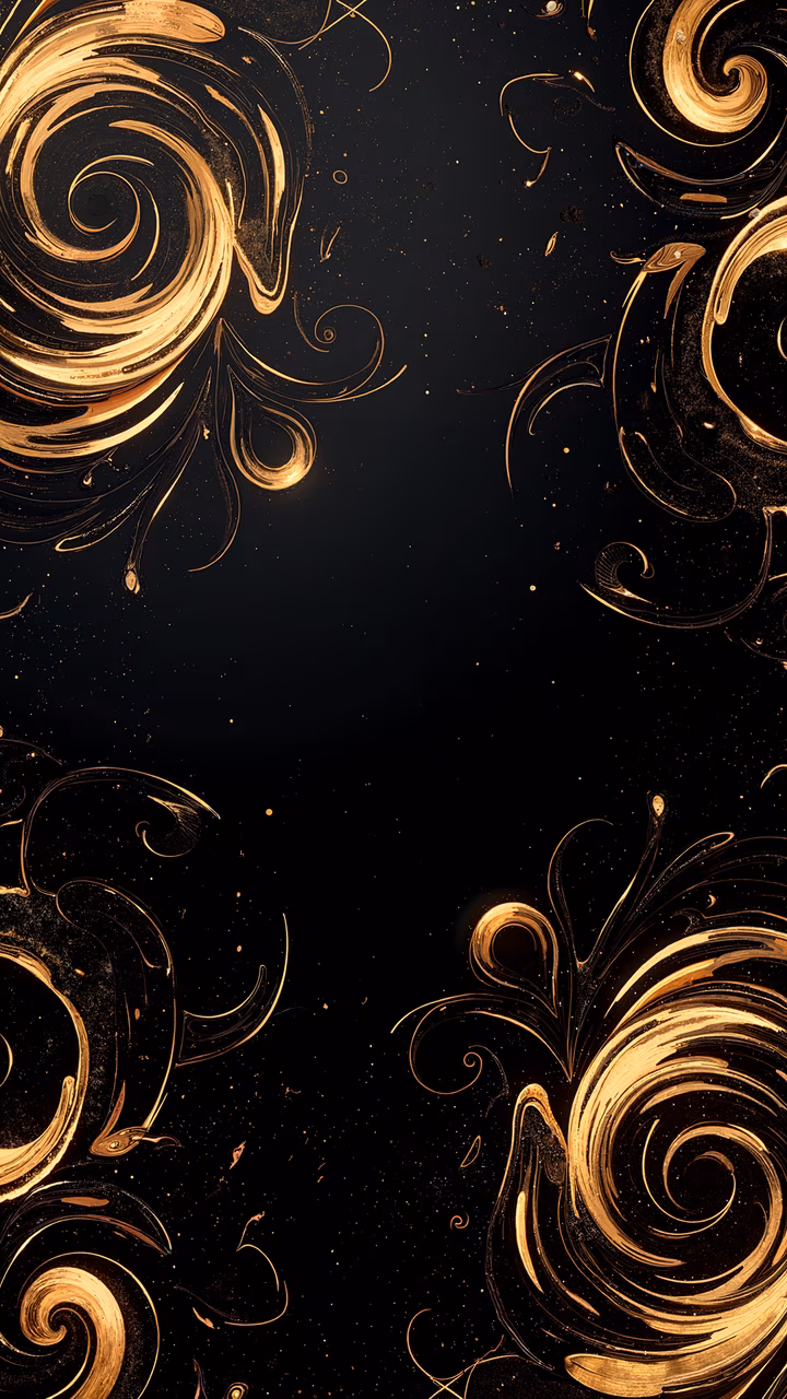 Abstract golden swirls on a black background, creating a striking visual contrast.