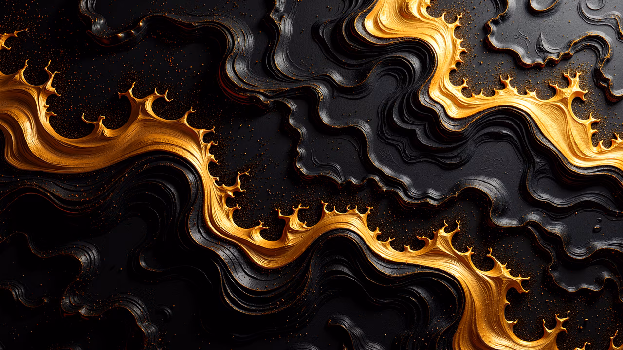 Abstract illustration featuring swirling golden waves against a stark black background, creating a striking contrast and dynamic visual effect.