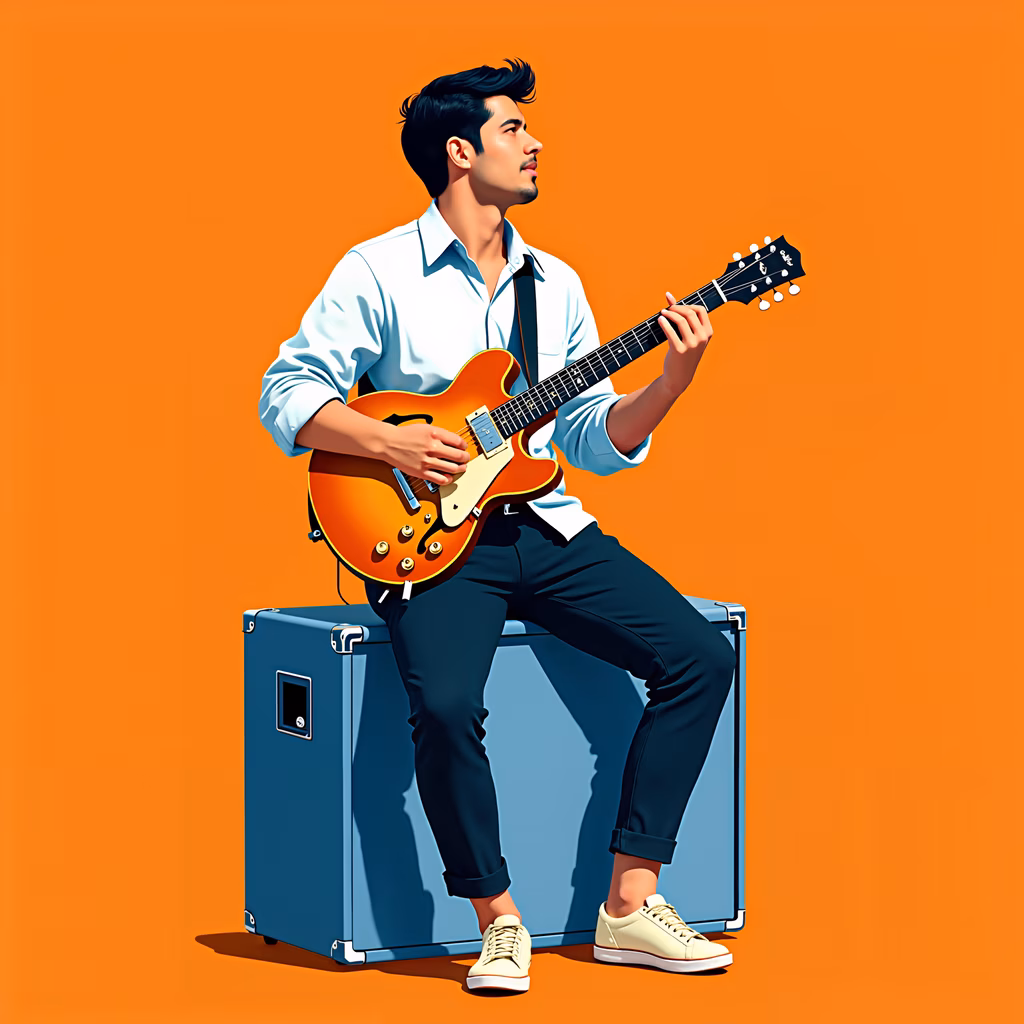 A musician playing an electric guitar, seated on a blue amplifier, against a vibrant orange background.
