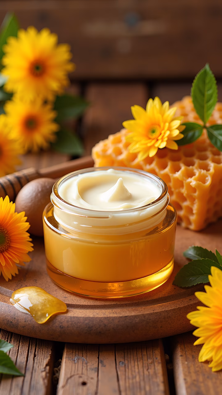 Close-up of honey cream jar with sunflowers, natural beauty product