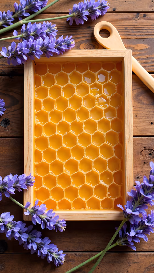 Honeycomb with Lavender on Wooden Tray