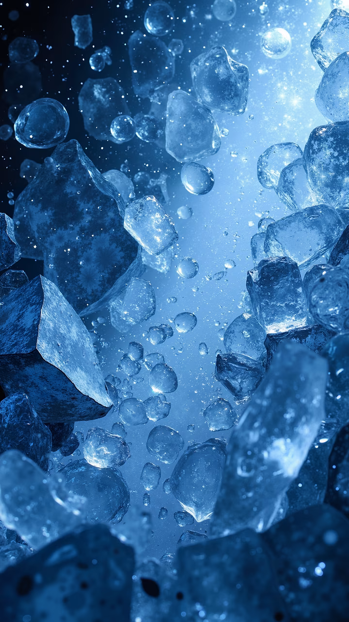 Cool icy crystals in a gradient blue background with water droplets and sparkles.