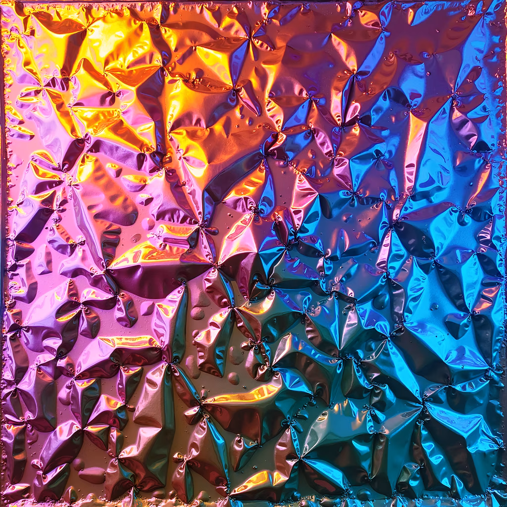 Mesmerizing iridescent reflections in vibrant hues, creating a dynamic and fluid abstract composition.