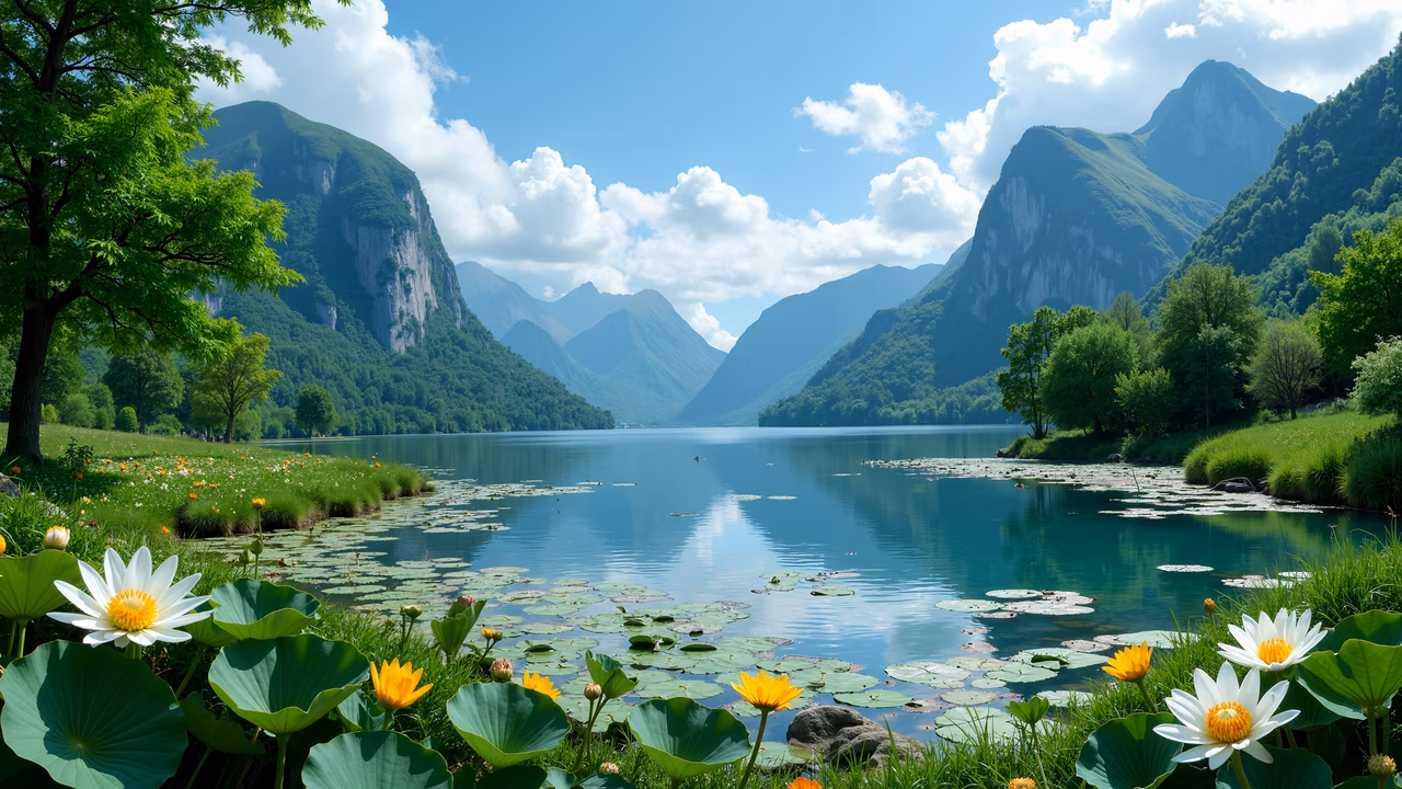 A picturesque illustration of a lake with blooming lotus flowers and majestic mountains under a cloudy sky.