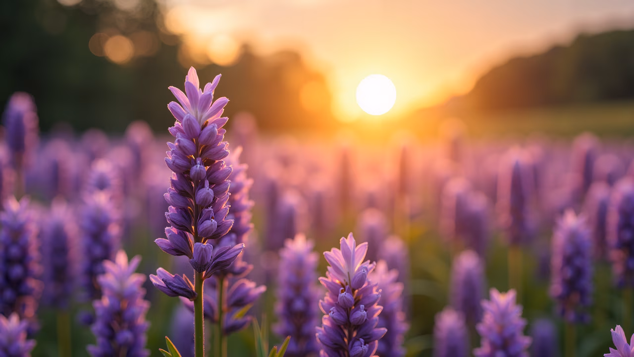 A tranquil lavender field at sunset, featuring soft bokeh and warm tones.