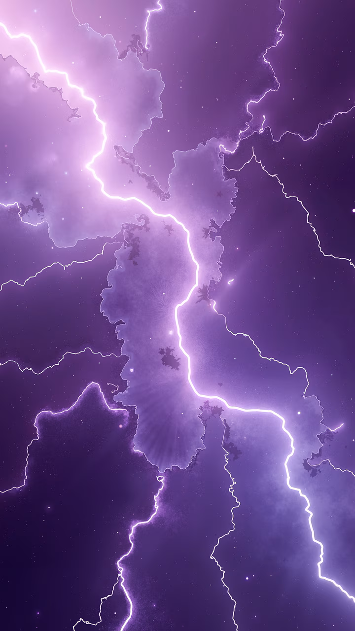 Dynamic lightning storm illustration in deep purple tones, capturing intense energy and tension.