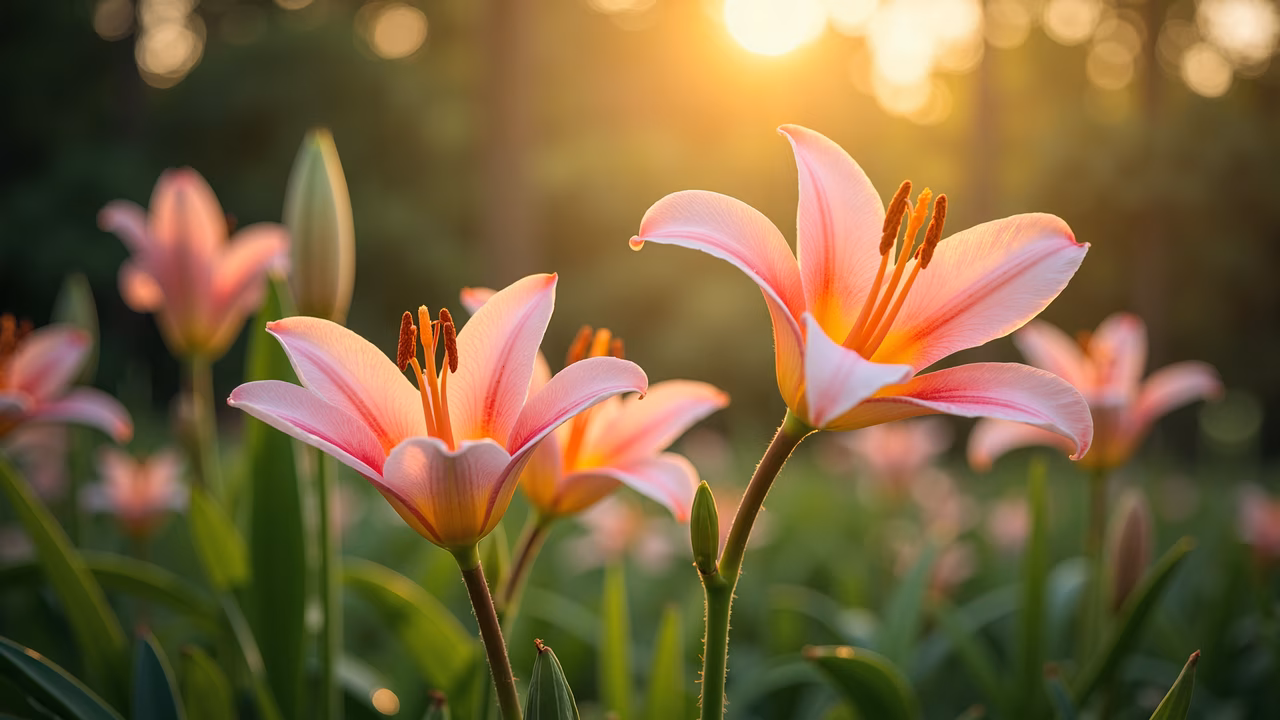 Vibrant lilies illuminated by morning light, serene floral beauty