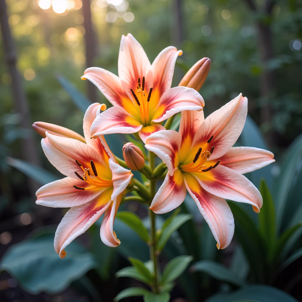 Close-up of vibrant lilies bathed in sunlight, showcasing their delicate beauty and serene ambiance.