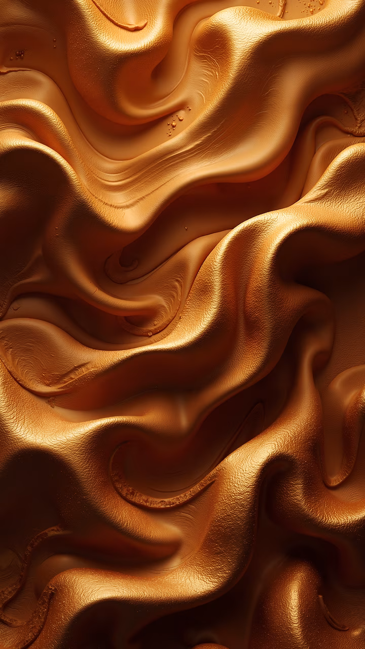 Abstract illustration featuring swirling golden liquid forms with a glossy texture and warm tones.