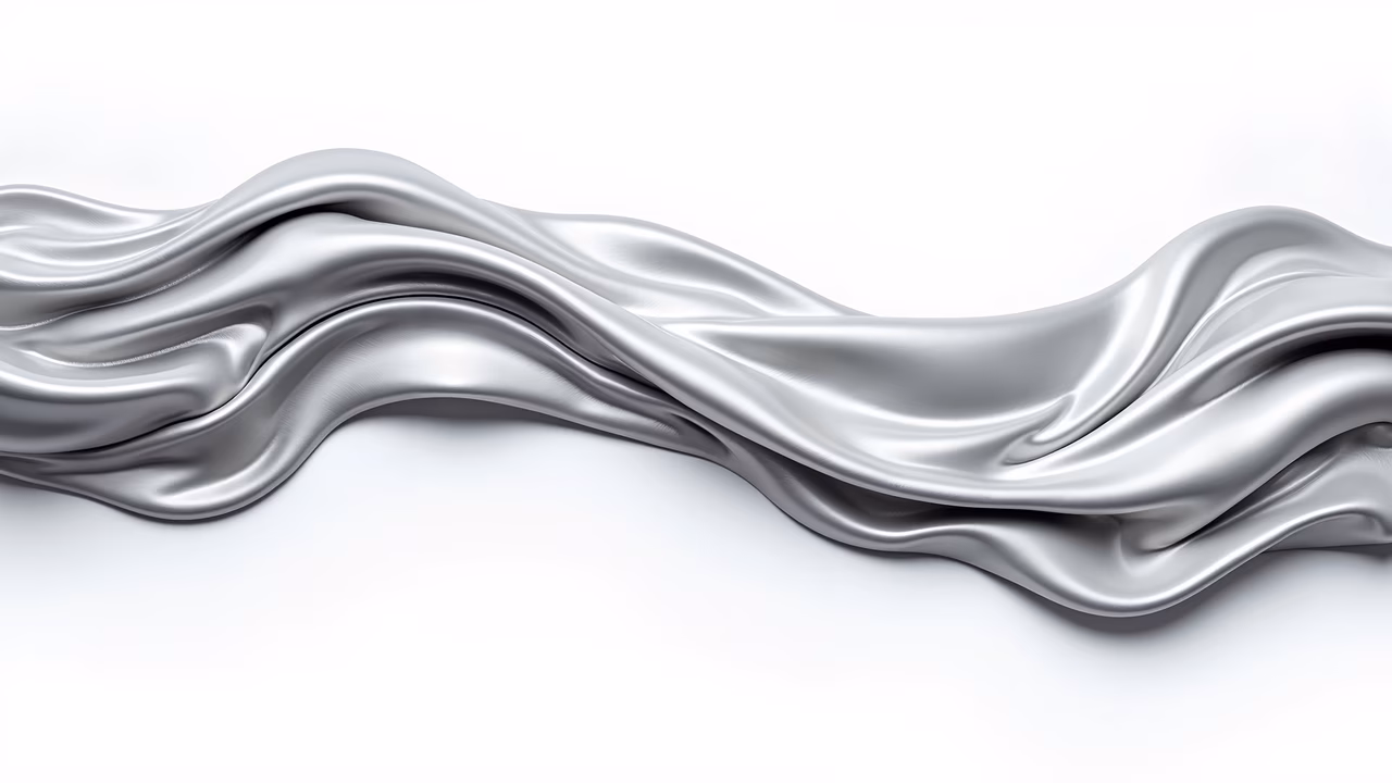 Dynamic metallic flow illustration featuring smooth, curving lines and a glossy finish.