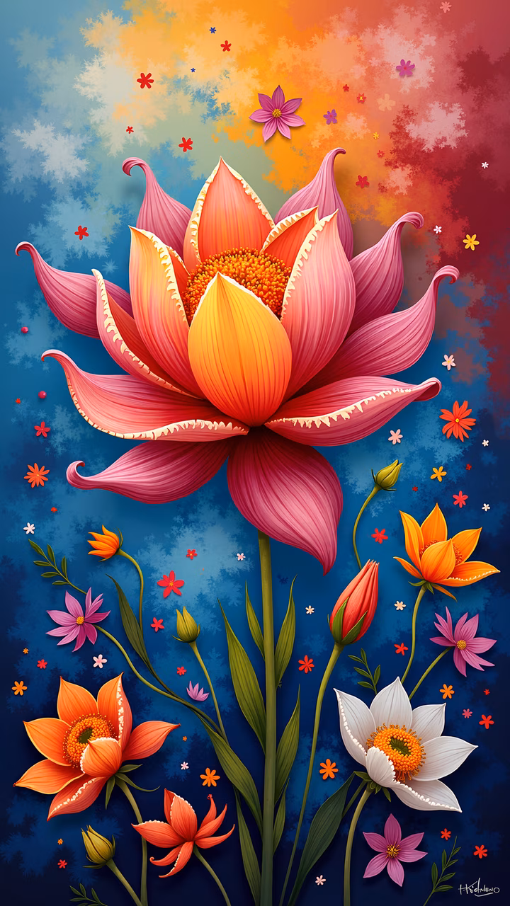 A detailed illustration of a lotus flower with colorful surrounding flowers on a gradient background.