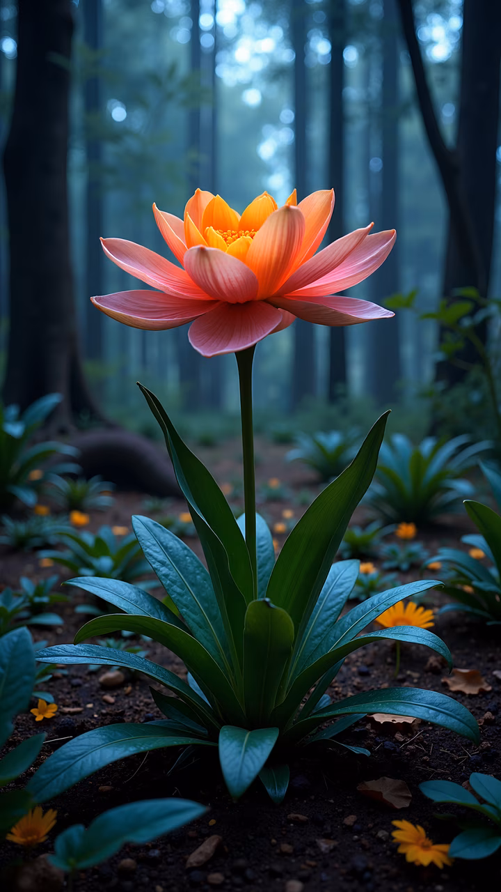 Vibrant orange lotus flower amidst a misty forest, symbolizing tranquility and nature's beauty.