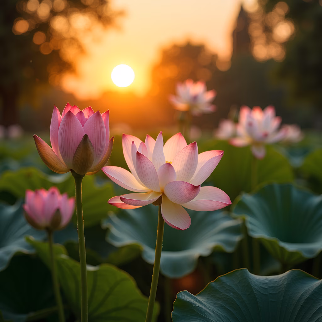 Serene lotus flowers against a golden sunset, nature photography