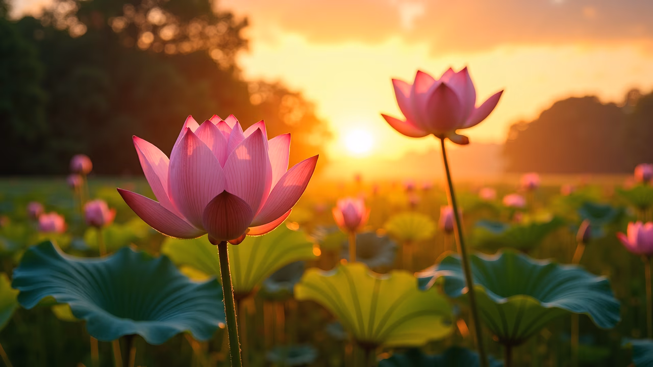 Lotus flowers in full bloom at sunset, tranquil nature scene