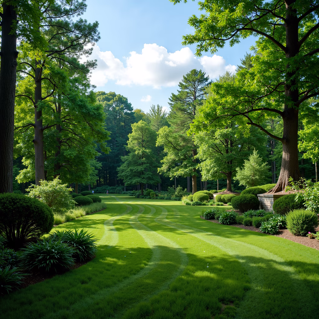 A peaceful garden path surrounded by vibrant greenery and trees, illuminated by bright sunlight.