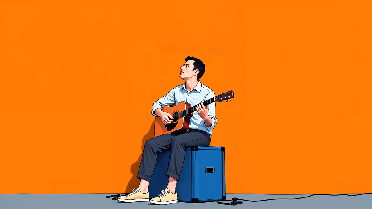 Man playing guitar, creative journey, vibrant orange, artistic atmosphere