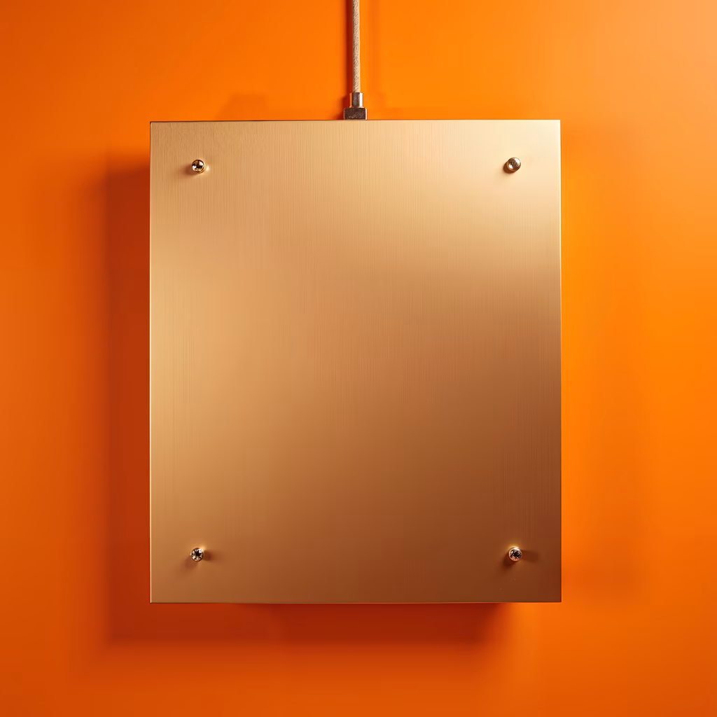 Metallic panel, screws, orange wall, interior design, modern, simplicity, elegance