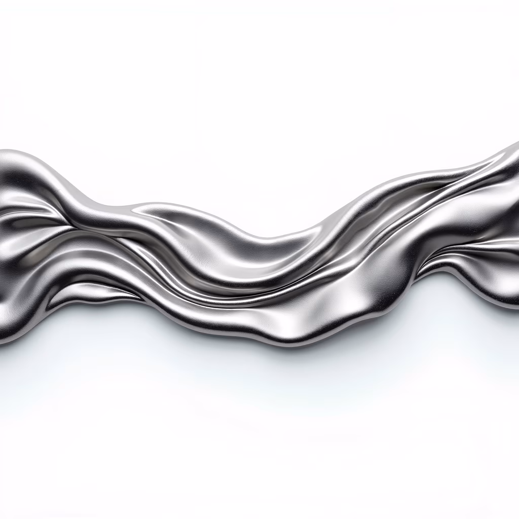 Smooth metallic wave illustration with reflective silver tones and fluid movement.