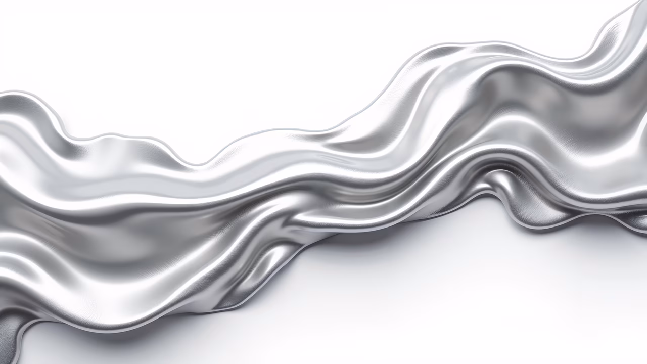Smooth metallic waves in silver and white, abstract art, modern design, fluid movement, reflective surface