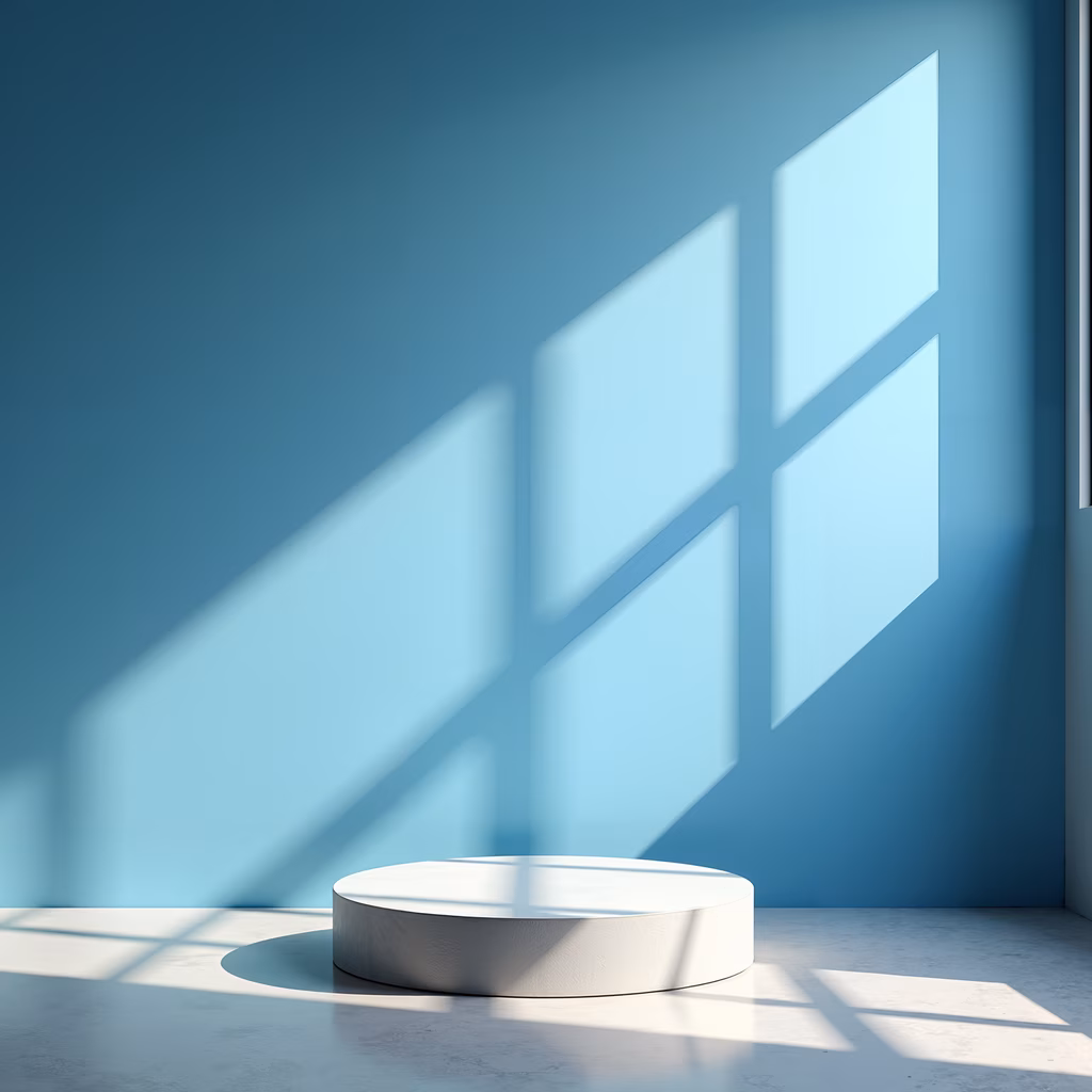 A minimalist podium with geometric shadows in a serene blue-lit room.