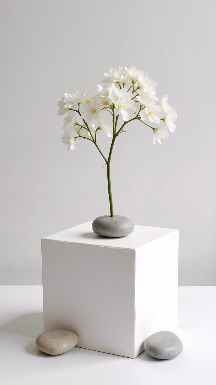 Minimalist white flowers in a vase on a stone, serene still life