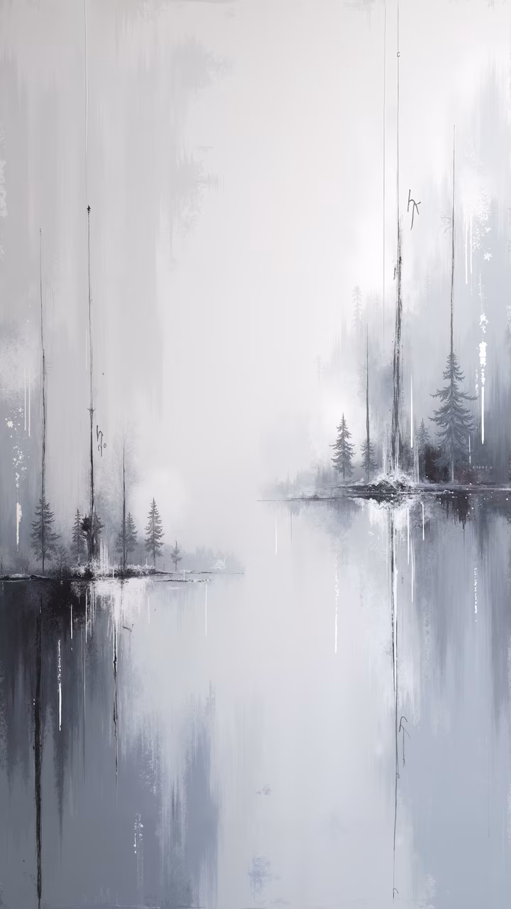 A misty forest scene with tall trees reflected in a calm lake, enveloped by a thick fog.