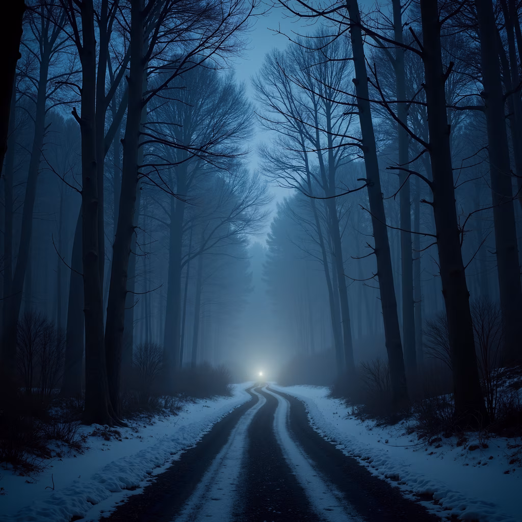 A tranquil winter landscape with a misty forest road and a distant light, perfect for nature enthusiasts and those seeking peace.