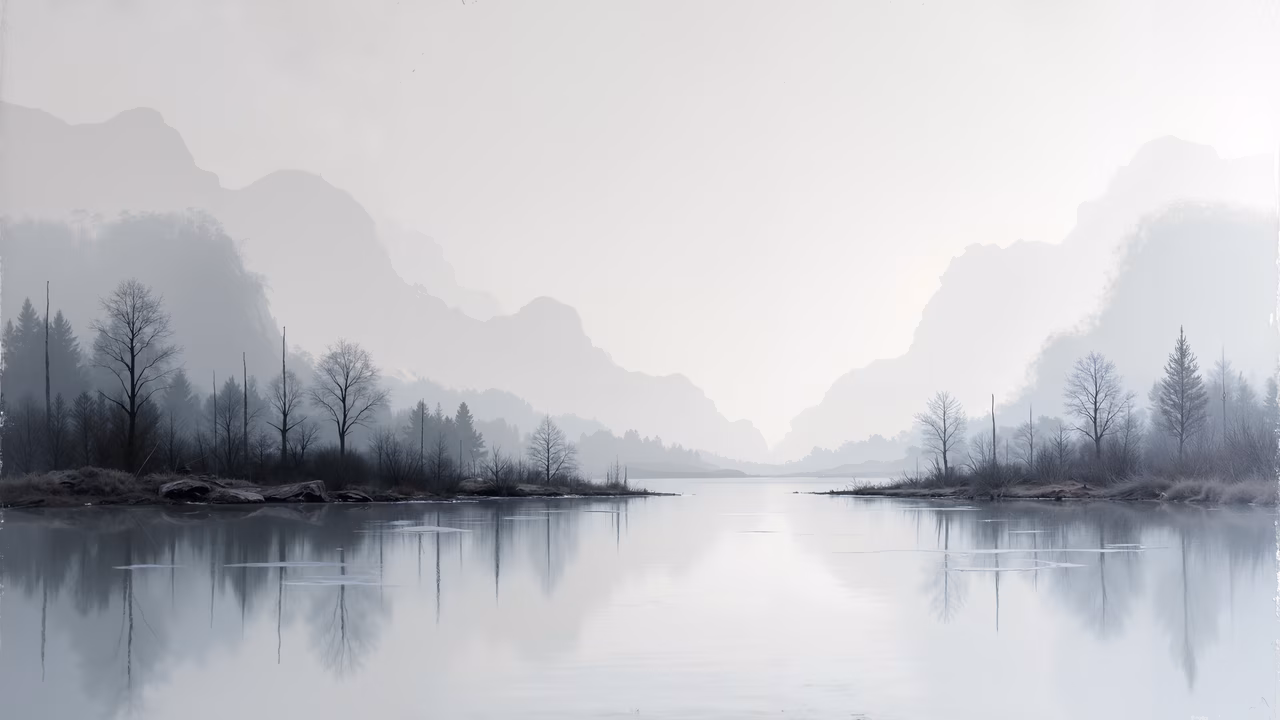 A tranquil misty landscape with towering mountains reflected in a calm lake, featuring muted tones and bare trees.