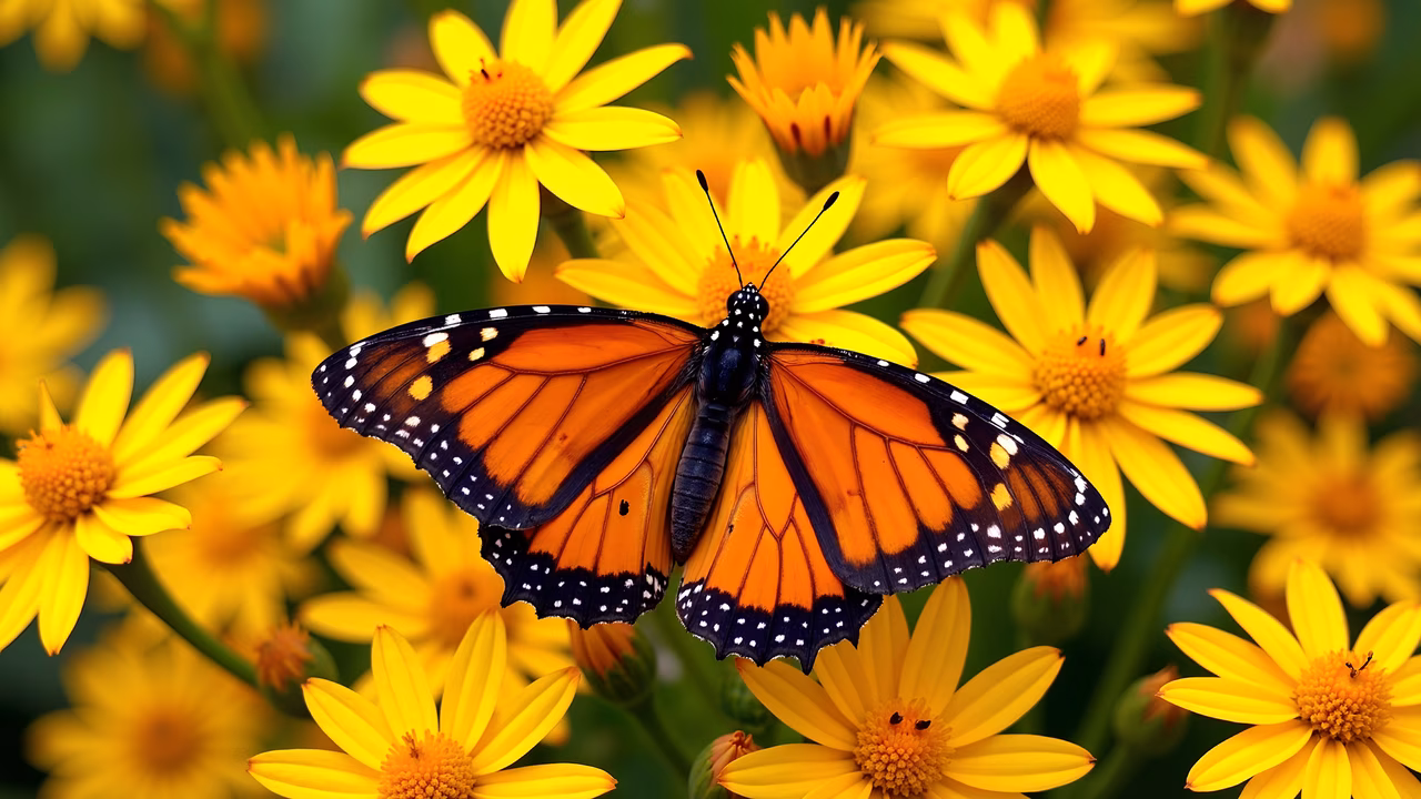 Vibrant monarch butterfly amidst yellow flowers, nature photography