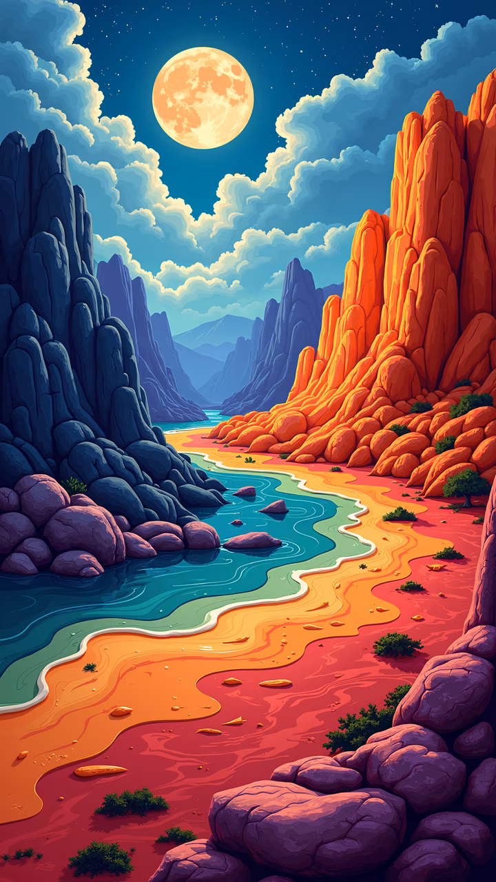 A surreal desert landscape under the full moon, featuring colorful rivers and towering red rock formations.