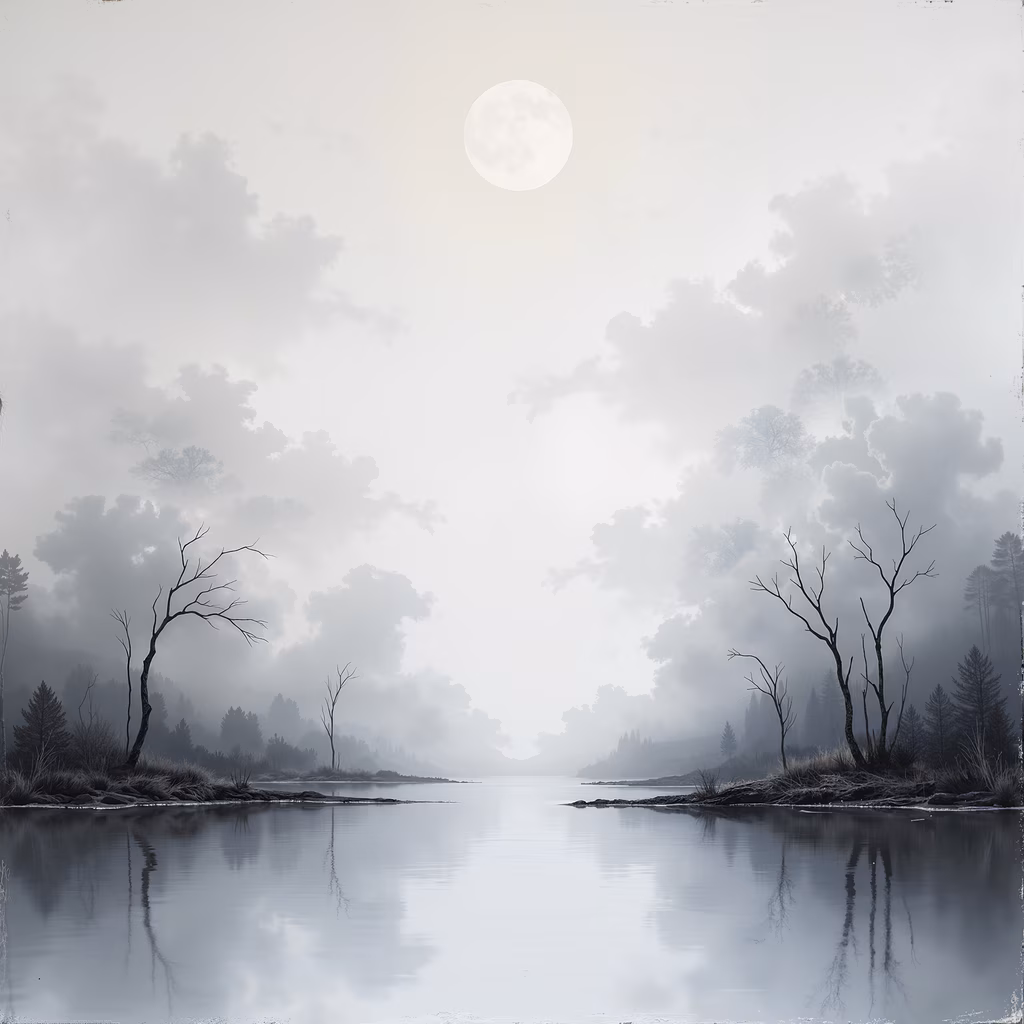 A peaceful moonlit landscape with misty trees and a reflective lake.