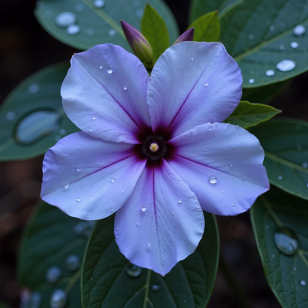 Close-up of a morning glory flower with dew-covered petals and vibrant center.