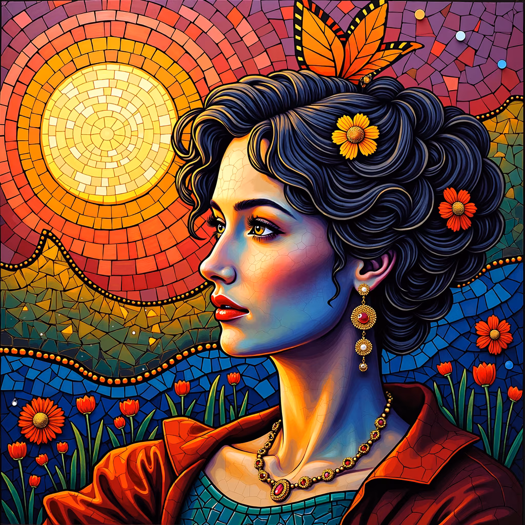 Vibrant mosaic portrait featuring a woman with intricate hair and floral motifs, set against a colorful geometric background.