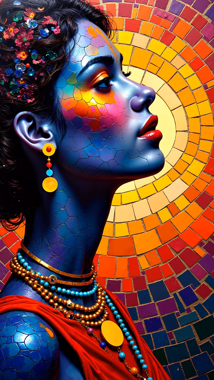 Vibrant mosaic portrait featuring a woman with cracked, colorful skin and floral adornments, set against a warm mosaic background.