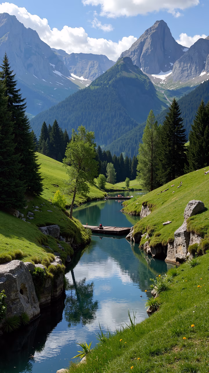 A picturesque mountain lake surrounded by majestic peaks and vibrant greenery, offering a serene and natural setting.
