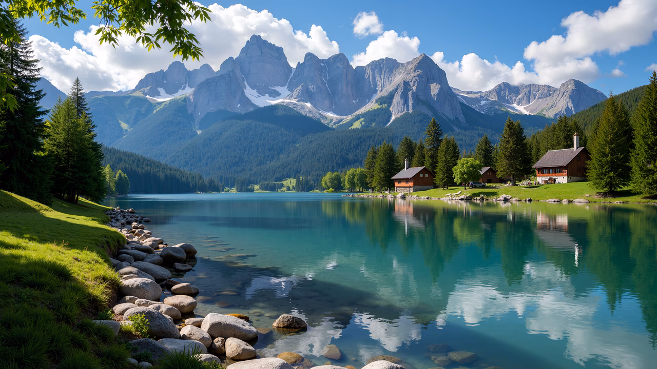A tranquil mountain lake with clear turquoise water reflecting rugged mountains and lush greenery, framed by evergreen trees and a wooden cabin.