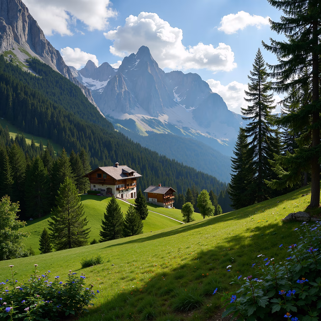 A tranquil mountain retreat surrounded by greenery and wildflowers, set against majestic snowy peaks.