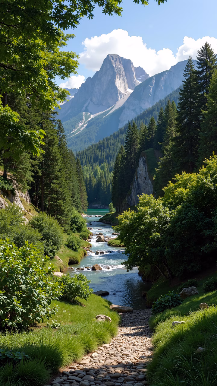 A peaceful mountain river surrounded by dense forests and towering mountains, bathed in bright sunlight.