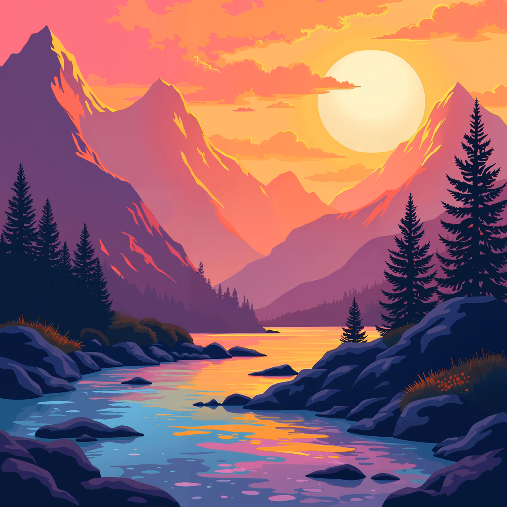 A stunning illustration of a mountain sunset with vibrant colors and serene landscape elements.