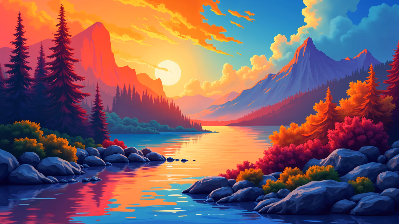 Vibrant mountain sunset illustration featuring pine trees and a tranquil lake, blending warm and cool hues for a peaceful atmosphere.