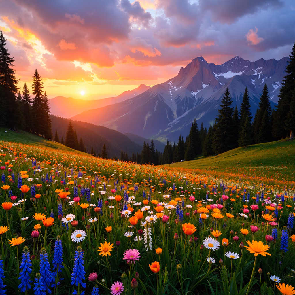 A stunning illustration of a mountain sunset with colorful wildflowers and majestic mountains.