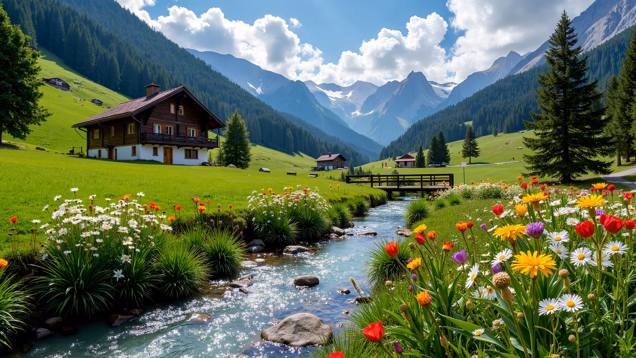 A peaceful mountain valley with vibrant flowers and a wooden house, captured in a serene landscape illustration.
