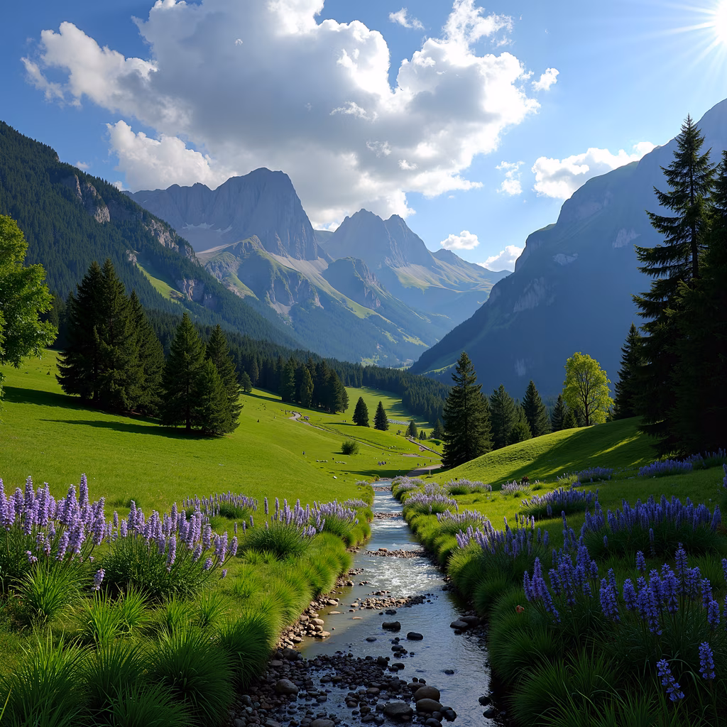 A tranquil mountain valley landscape with vibrant greenery and a meandering stream.