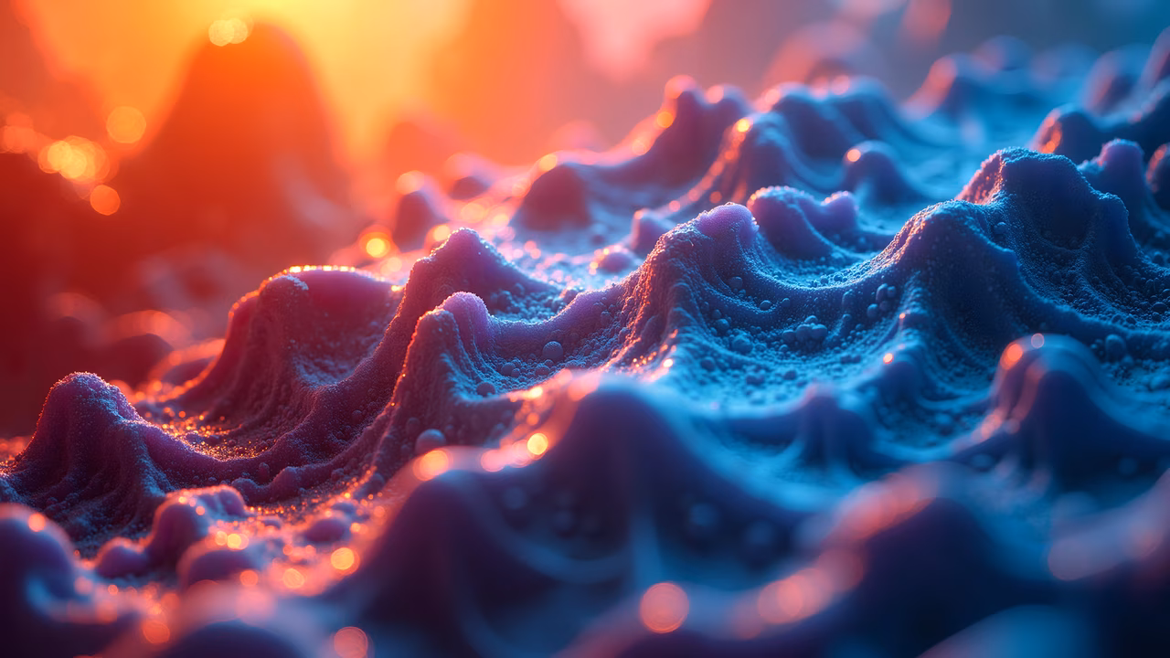A mesmerizing abstract landscape with glowing hills and a surreal blend of blue and orange hues.