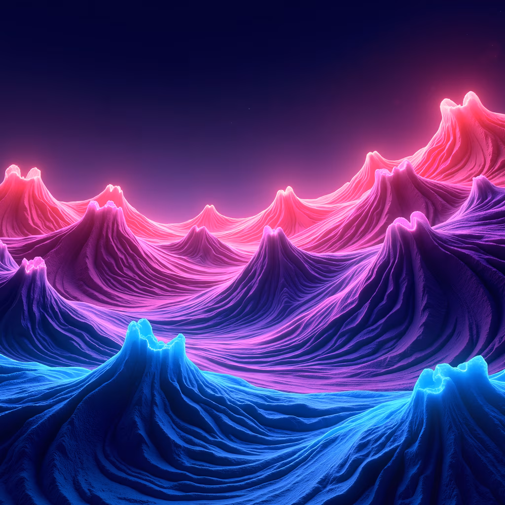 Vibrant neon mountains under a starry night sky, abstract landscape art