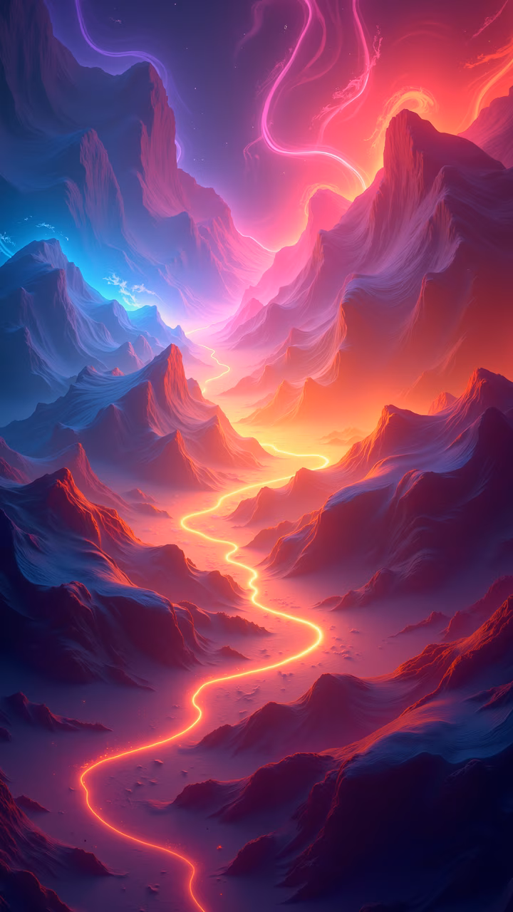 Vibrant neon pathway through surreal mountain landscape