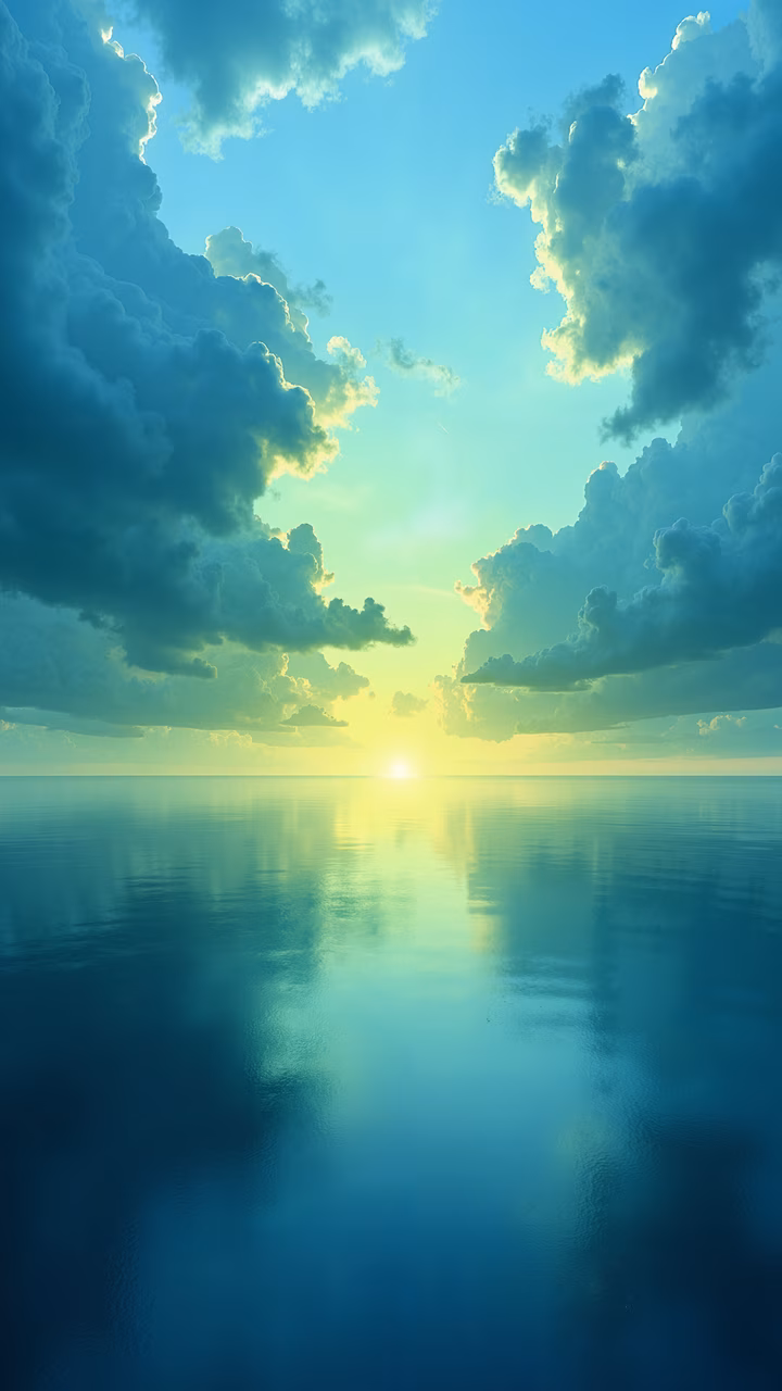 A tranquil ocean sunset illustration with soft blue and yellow hues, fluffy clouds, and gentle sunlight.